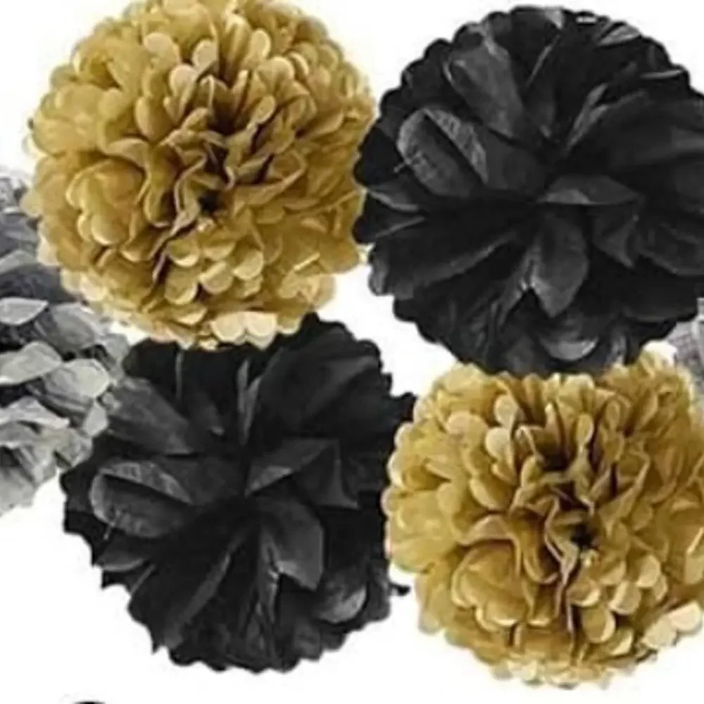 Silver black and gold party decor poms
